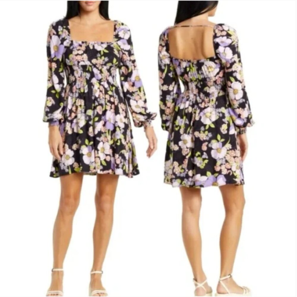 NWT AFRM Smocked Mini Dress Noir Cottagecore Euro Summer Femme Floral Large Boho - Picture 6 of 6